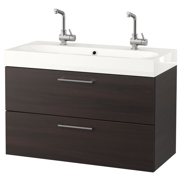 Шкаф для раковины с 2 ящиками ГОДМОРГОН / БРОВИКЕН, черно-коричневый (100x49x68 см) - фото 1