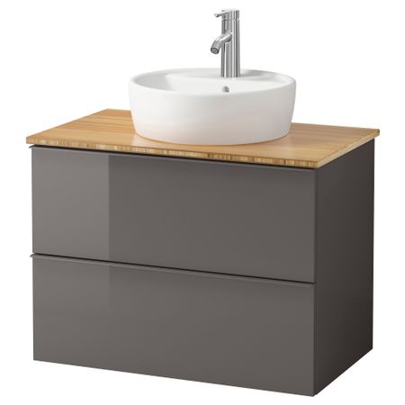 Шкаф п-раковину/столешн45/раковина ГОДМОРГОН/АЛДЕРН / ТОРНВИКЕН, глянцевый серый, бамбук