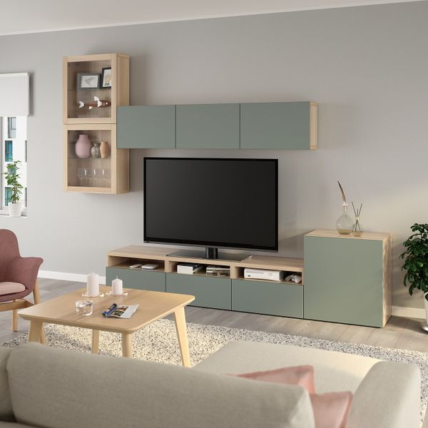 Шкаф для ТВ, комбинированный, стекляные дверцы, под беленый дуб, Нотвикен серо-зеленый прозрачное стекло, 300x42x211 см IKEA - фото 2