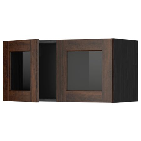 Навесной шкаф с 2 стеклянная дверями МЕТОД, черный, Эдсерум коричневый (80x40 см)