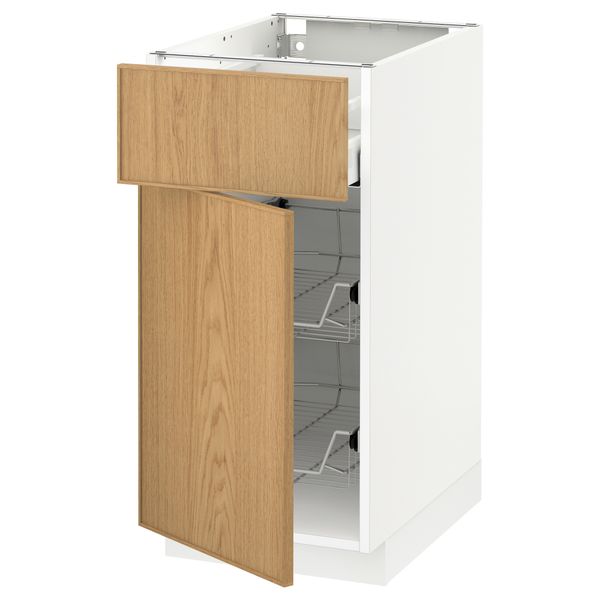 Напольный шкаф с проволочной корзиной, ящиком, дверью МЕТОД / МАКСИМЕРА, белый, Экестад дуб - схема-чертеж с размерами
