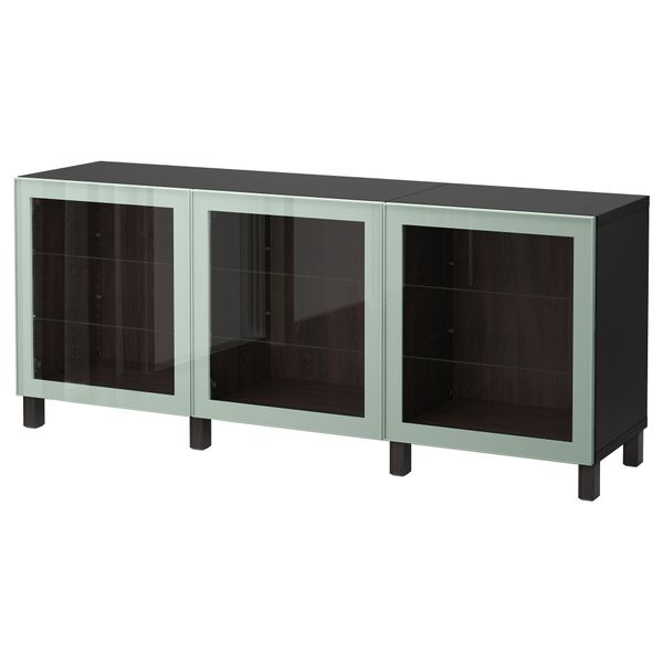 Комбинация для хранения с дверцами БЕСТО, черно-коричневый Глассвик, глянцевый/серо-зеленый светлый прозрачное стекло (180x40x74 - фото 1