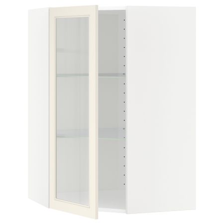 Угловой навесной шкаф с полками, стекляными дверцами МЕТОД, белый, Хитарп белый с оттенком