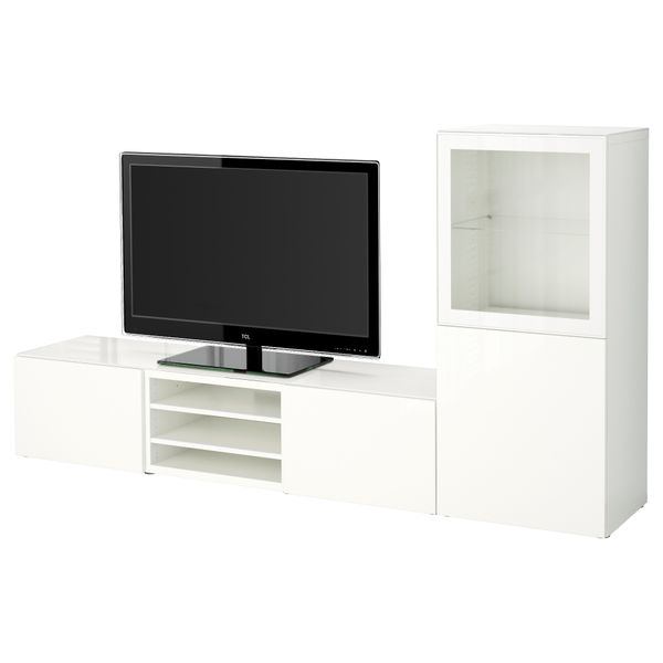 Шкаф для ТВ, комбинированный, стекляные дверцы БЕСТО, белый, Сельсвикен глянцевый/белый прозрачное стекло (240x40x128 см) - фото 1