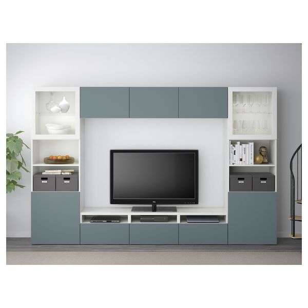 Шкаф для ТВ, комбинированный, стекляные дверцы БЕСТО, белый, Вальвикен серо-бирюзовый, прозрачное стекло (300x40x192 см) - схема-чертеж с размерами