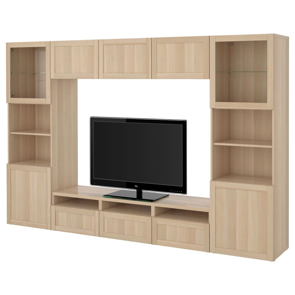 Шкаф для ТВ, комбинированный, стекляные дверцы БЕСТО, Ханвикен, Синдвик под беленый дуб, прозрачное стелко (300x40x192 см) - фото 1