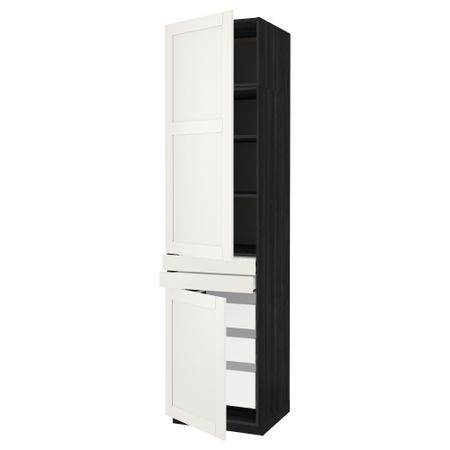 Высокий шкаф + полки, 5 ящиков, 2 дверцы, 2 фронтальных МЕТОД / МАКСИМЕРА, черный, Сэведаль белый