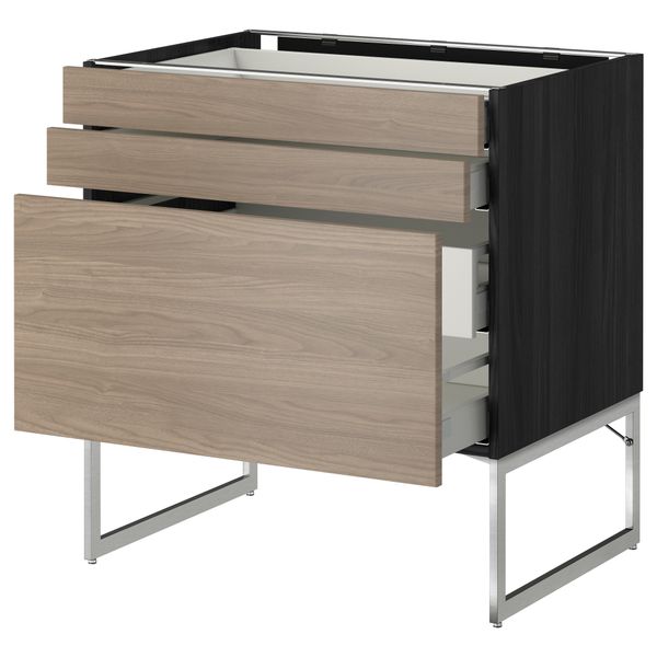 Напольный шкаф 3 фронтальных панели, 2 нижних, 2 средних ящика МЕТОД / МАКСИМЕРА, черный, Брокхульт светло-серый - схема-чертеж с размерами