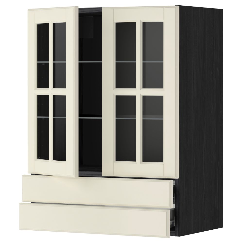 Навесной шкаф, 2 стеклянные дверцы, 2 ящика МЕТОД / ФОРВАРА, черный, Будбин белый с оттенком - фото 1