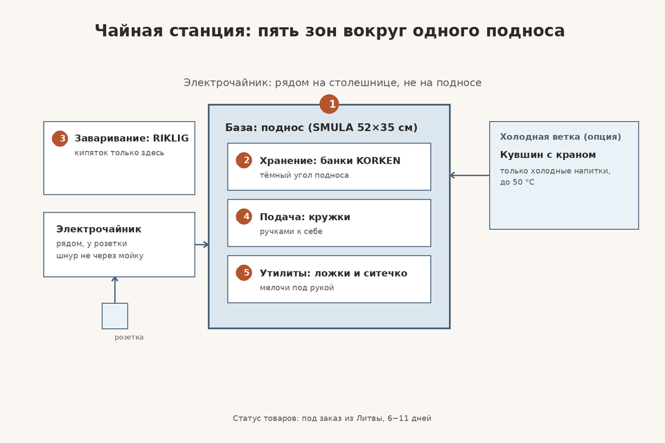 Схема пяти зон чайной станции: хранение, подача и утилиты на подносе, заваривание и электрочайник рядом