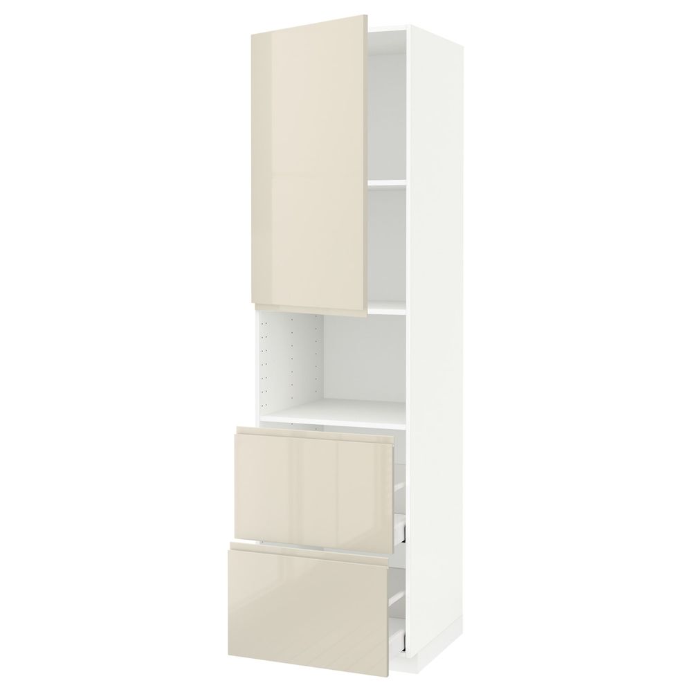 Высокий шкаф для СВЧ/дверца/2ящика, белый/Воксторп глянцевый светло-бежевый 60x60x220 см IKEA METOD МЕТОД / MAXIMERA МАКСИМЕРА - фото 1