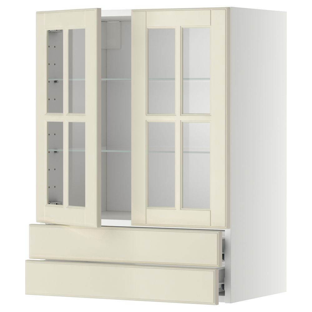 Навесной шкаф, 2 стеклянные дверцы, 2 ящика МЕТОД / ФОРВАРА, белый, Будбин белый с оттенком - фото 1