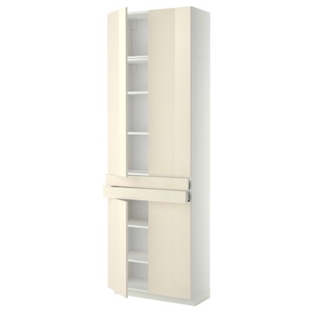Высокий шкаф + полки, 2 ящика, 4 дверцы МЕТОД / МАКСИМЕРА, белый, Рингульт кремовый (80x37x240 см)