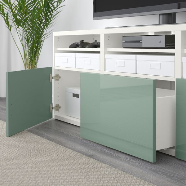 Шкаф для ТВ, комбинированный, стекляные дверцы, белый Сельсвикен, глянцевый/серо-зеленый светлый прозрачное стекло, 180x40x192 - фото 3