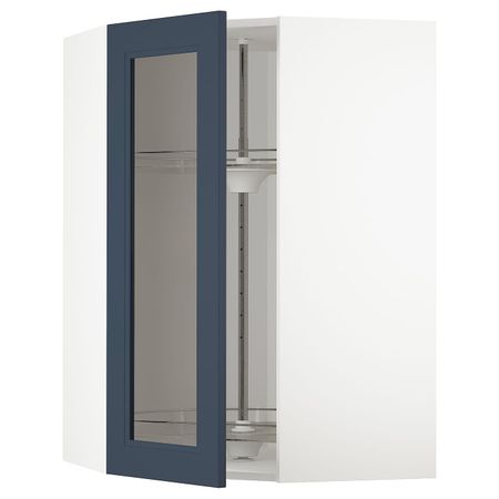 Угловой навесной шкаф с вращающейся секция, стеклянная дв, белый Акстад/матовая поверхность синий 68x100 см IKEA METOD МЕТОД