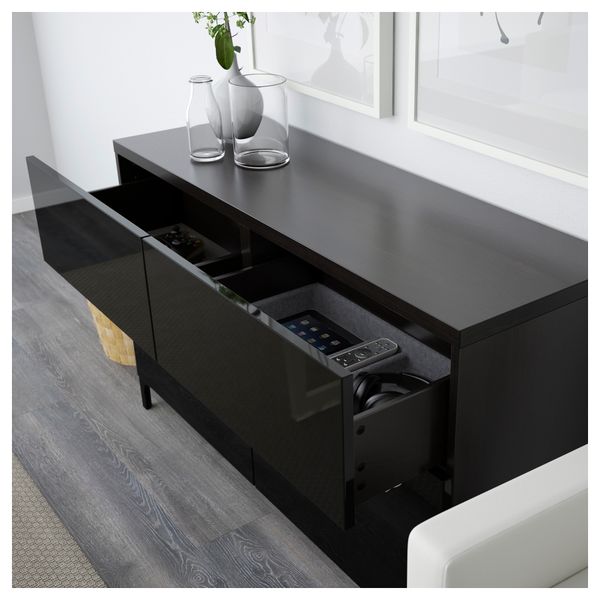 Комбинация для хранения с дверцами, ящиками БЕСТО, черно-коричневый, Сельсвикен глянцевый/черный (120x40x74 см) - схема-чертеж с размерами