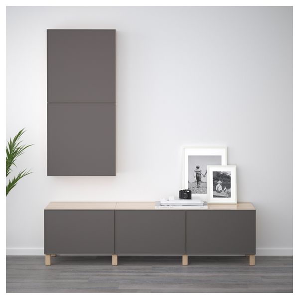 Навесной шкаф с 2 дверями БЕСТО, под беленый дуб, Грундсвикен темно-серый (60x20x128 см) - фото 2