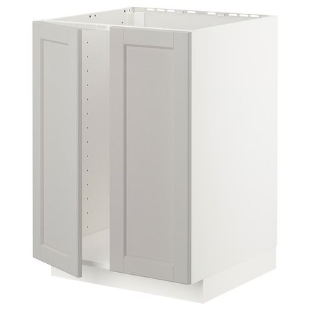 METOD Напольный шкаф для мойки+2 двери - белый/Lerhyttan светло-серый 60x60 см