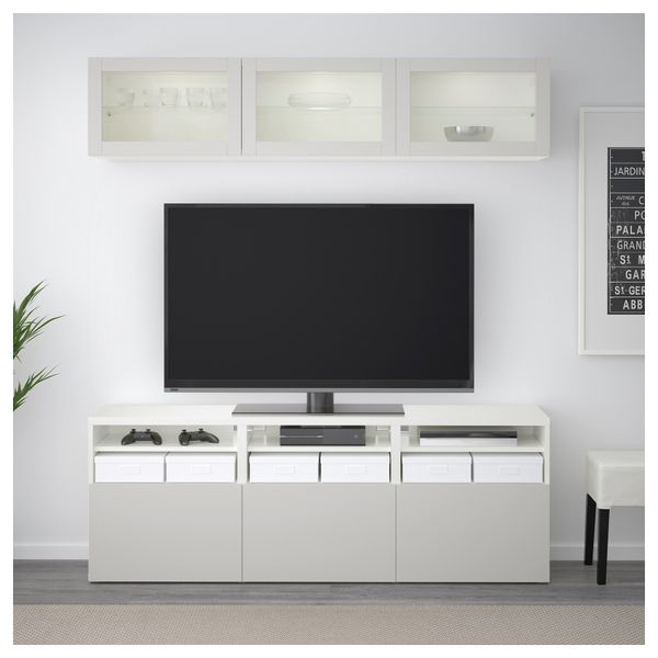 Шкаф для ТВ, комбинированный, стекляные дверцы БЕСТО, белый Синдвик, Лаппвикен светло-серый прозрачное стекло (180x40x192 см) - фото 2