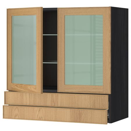 Навесной шкаф, 2 стеклянные дверцы, 2 ящика МЕТОД / ФОРВАРА, черный, Экестад дуб
