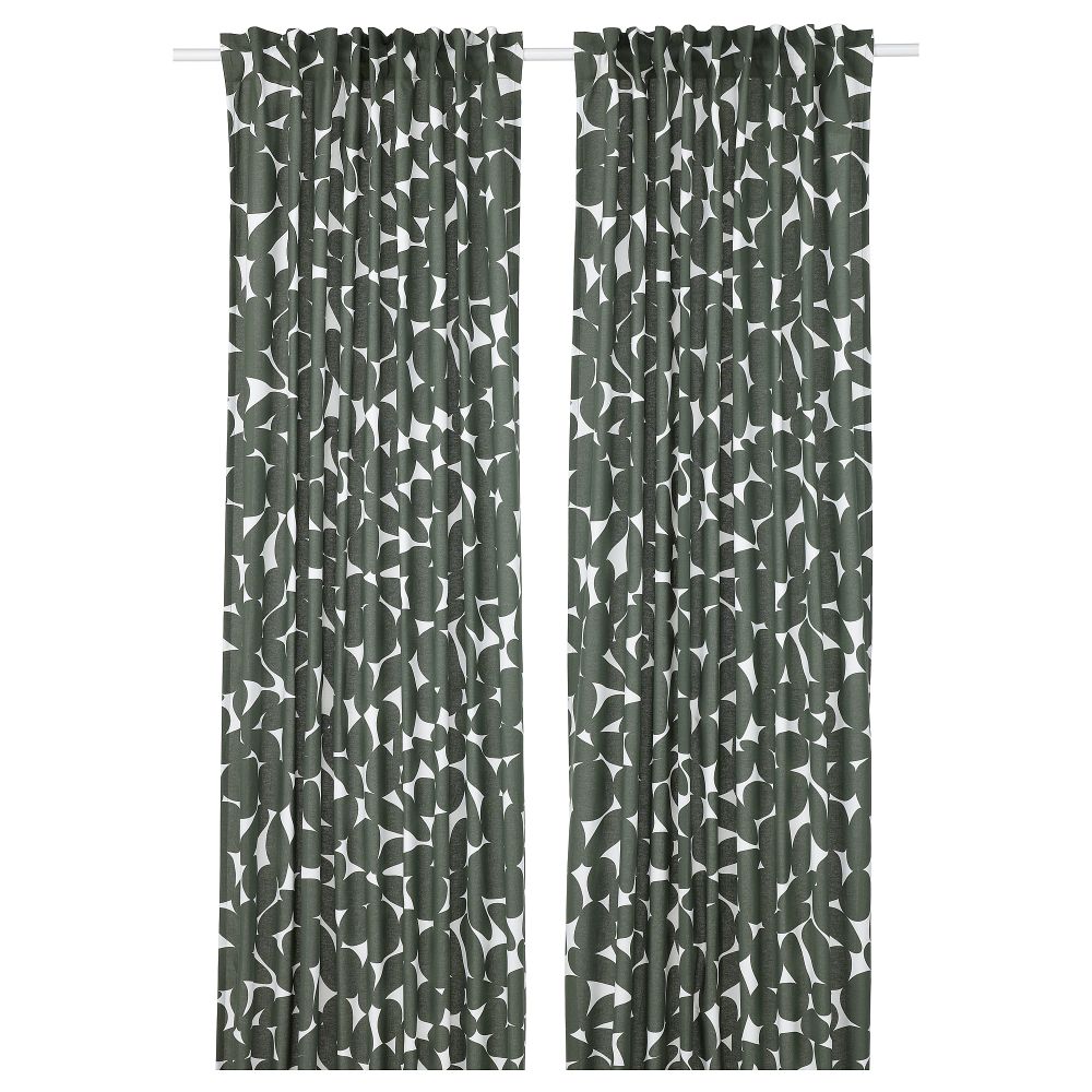 Гардины, 2 шт., 145x300 см, белый, темно-зеленый IKEA ROSENANEMON 905.401.55 - фото 1