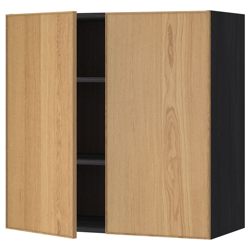 Навесной шкаф с полками, 2 дверцы МЕТОД, черный, Экестад дуб - схема-чертеж с размерами