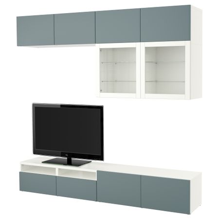 Шкаф для ТВ, комбинированный, стекляные дверцы БЕСТО, белый, Вальвикен серо-бирюзовый, прозрачное стекло (240x40x230 см)