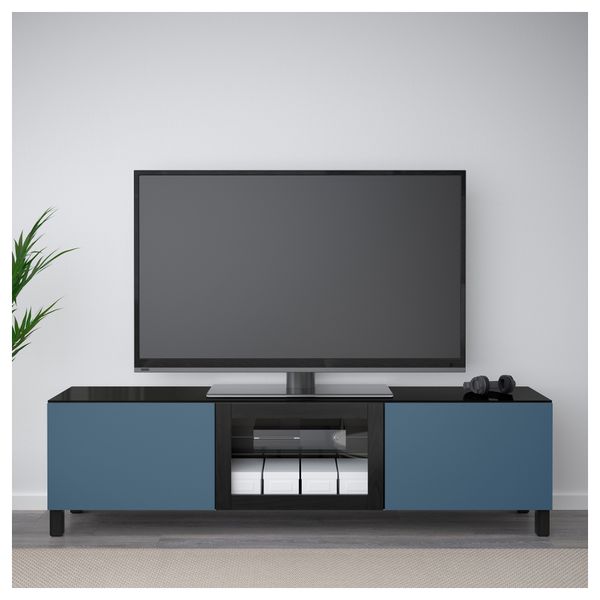 Тумба под ТВ, с дверцами БЕСТО, черно-коричневый Вальвикен, темно-синий прозрачное стекло - фото 2