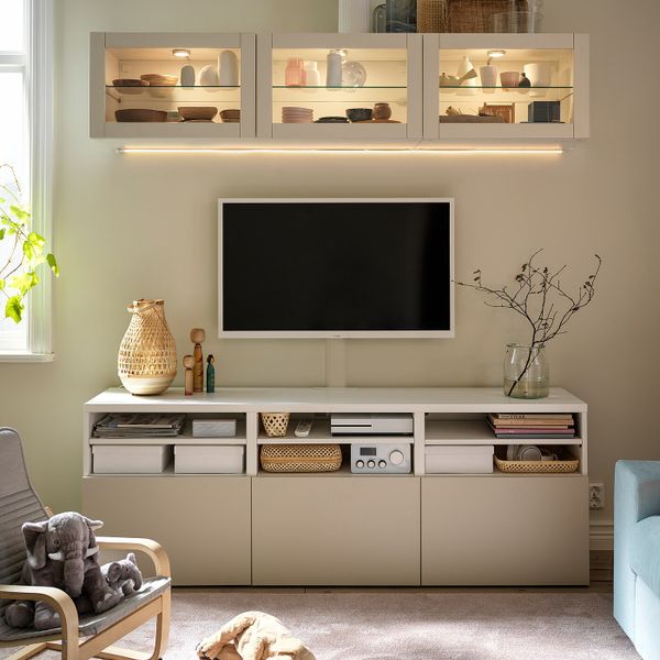 Комбинация для ТВ/стеклянные дверцы, белый Синдвик/Лаппвикен светло-серый/бежевый 180x42x192 см IKEA BESTÅ БЕСТО 894.336.27 - фото 4