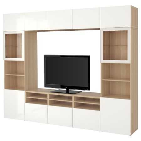 Шкаф для ТВ, комбинированный, стекляные дверцы БЕСТО, под беленый дуб, Сельсвикен глянцевый/белый прозрачное стекло (300x40x230