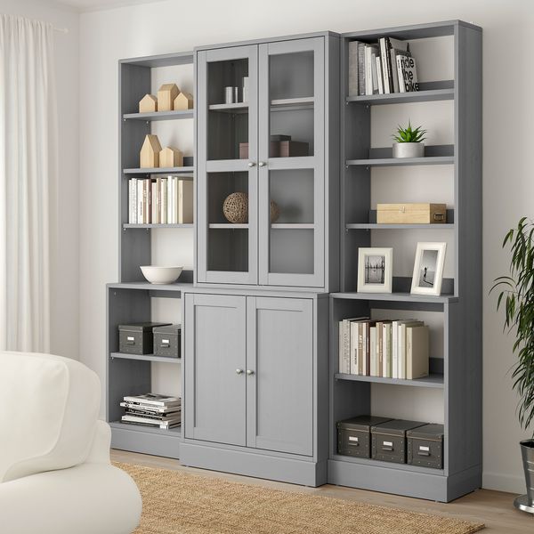 Комбинация для хранения + стеклянная дверцами, 203x47x212 см, серый IKEA HAVSTA ХАВСТА 492.659.23 - фото 3