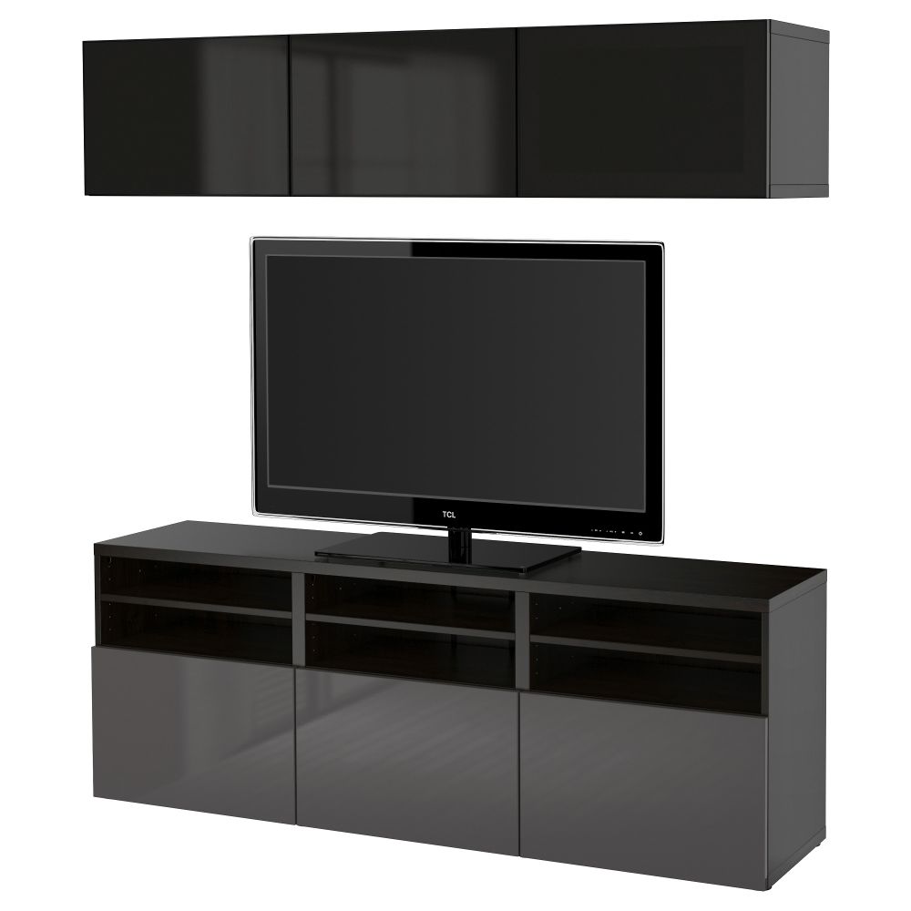 Шкаф для ТВ, комбинированный, стекляные дверцы БЕСТО, черно-коричневый, Сельсвикен глянцевый/серый дымчатое стекло (180x40x192 - фото 1