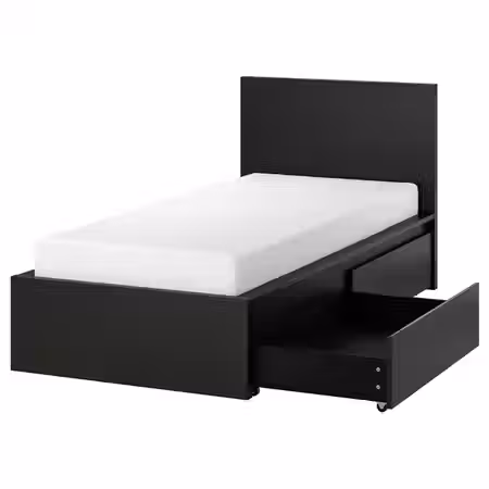 MALM Каркас кровати+2 кроватных ящика - черно-коричневый/Lönset 90x200 см