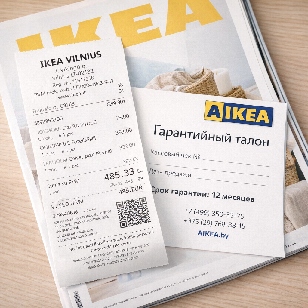 Кассовый чек IKEA и фирменный гарантийный талон AIKEA с печатью на столе