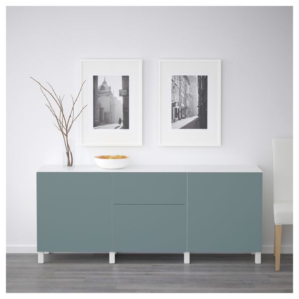 Комбинация для хранения с дверцами, ящиками БЕСТО, белый, Вальвикен серо-бирюзовый (180x42x74 см) - схема-чертеж с размерами