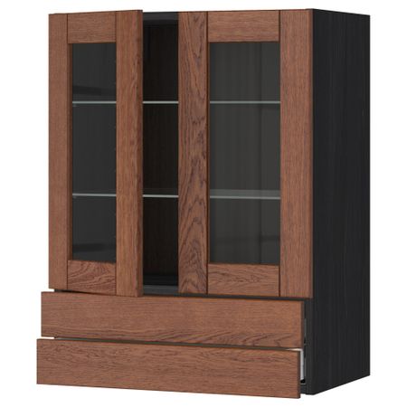 Навесной шкаф, 2 стеклянные дверцы, 2 ящика МЕТОД / МАКСИМЕРА, черный, Филипстад коричневый