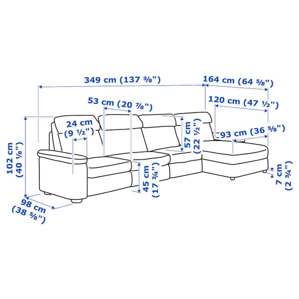4-местный диван, с козеткой/Гранн/Бумстад темно-коричневый IKEA LIDHULT ЛИДГУЛЬТ 892.920.38 - схема-чертеж с размерами