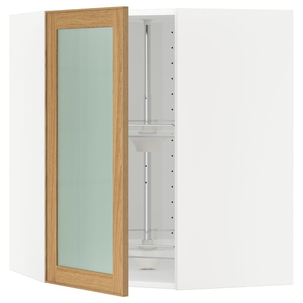 Угловой навесной шкаф с вращающающейся секцией, стеклянными дверцами МЕТОД, белый, Экестад дуб - схема-чертеж с размерами