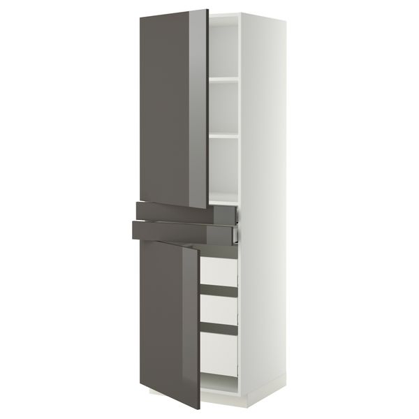 Высокий шкаф + полки, 5 ящиков, 2 дверцы, 2 фронтальных МЕТОД / МАКСИМЕРА, белый, Рингульт серый - фото 1