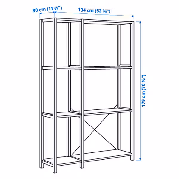 IVAR 2 секции/полки - сосна 134x30x179 см - схема-чертеж с размерами
