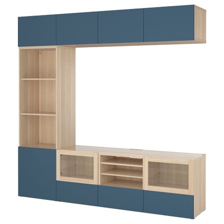 Шкаф для ТВ, комбинированный, стекляные дверцы БЕСТО, под беленый дуб Вальвикен, темно-синий прозрачное стекло (240x40x230 см)