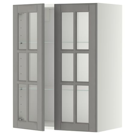 Навесной шкаф, полки, 2 стеклянные двери, белый, Bodbyn серый, 60x80 см IKEA METOD МЕТОД 693.949.57
