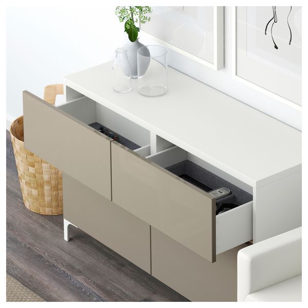 Комбинация для хранения с дверцами, ящиками БЕСТО, белый, Сельсвикен глянцевый/бежевый (120x40x74 см) - схема-чертеж с размерами