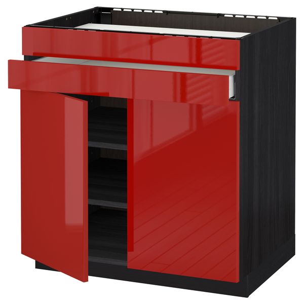 Напольный шкаф для варочной панели, 2 ящика, 2 фасада, 1 ящик МЕТОД / МАКСИМЕРА, черный, Рингульт красный (80x60 см) - схема-чертеж с размерами