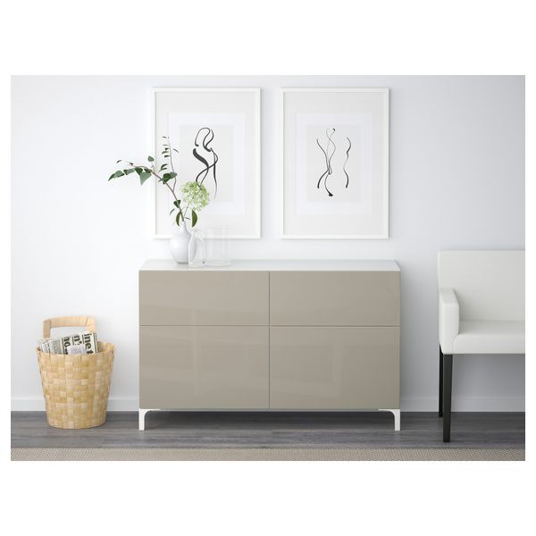 Комбинация для хранения с дверцами, ящиками БЕСТО, белый, Сельсвикен глянцевый/бежевый (120x40x74 см) - фото 2