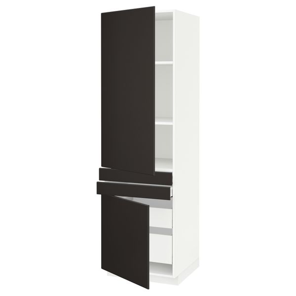 Высокий шкаф + полки, 4 ящик, 2 двери, 2 фронтальные МЕТОД / МАКСИМЕРА, белый, Кунгсбакка антрацит (60x60x200 см) - схема-чертеж с размерами