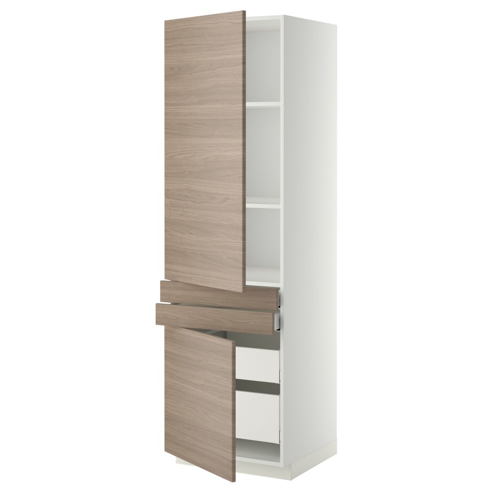 Высокий шкаф + полки, 4 ящик, 2 двери, 2 фронтальные МЕТОД / МАКСИМЕРА, белый, Брокхульт светло-серый (60x60x200 см) - фото 1