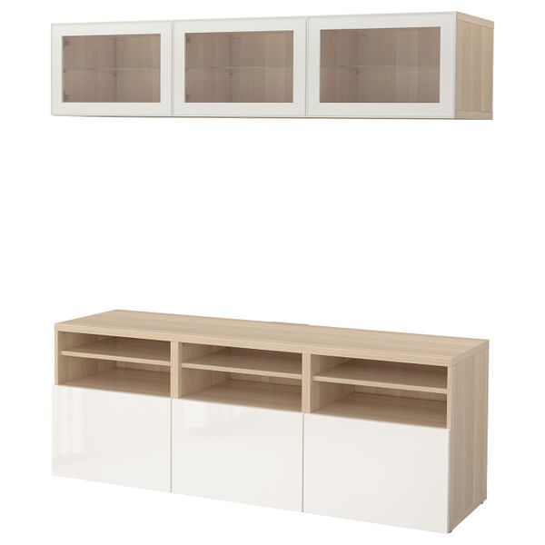 Шкаф для ТВ, комбинированный, стекляные дверцы, под беленый дуб/Сельсвикен глянцевый, белый прозрачное стекло 180x42x192 см IKEA - фото 1