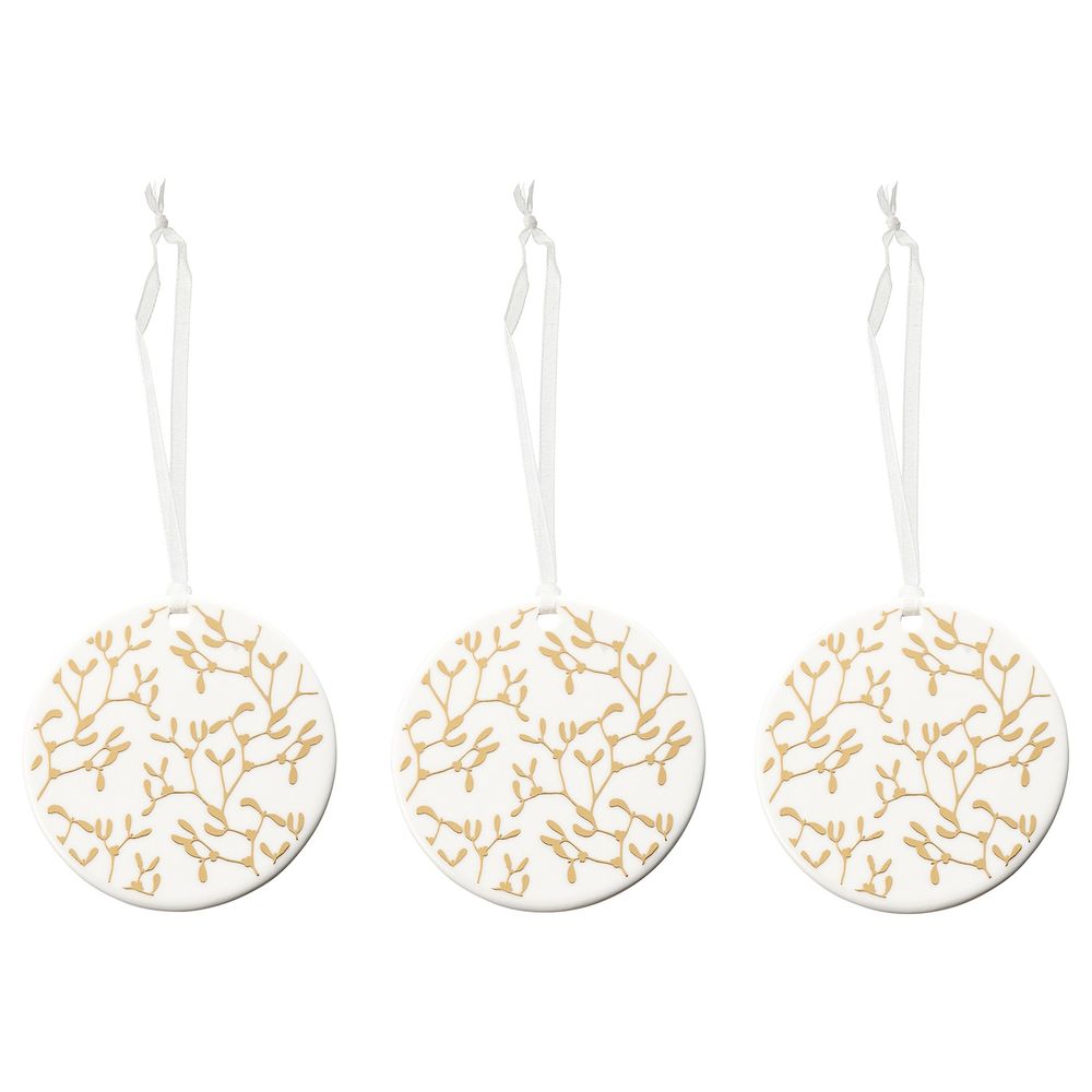 Украшение подвесное, белый/орнамент «омела» золотой 7 см IKEA VINTER 2021 ВИНТЕР 2021 804.986.56 - фото 1
