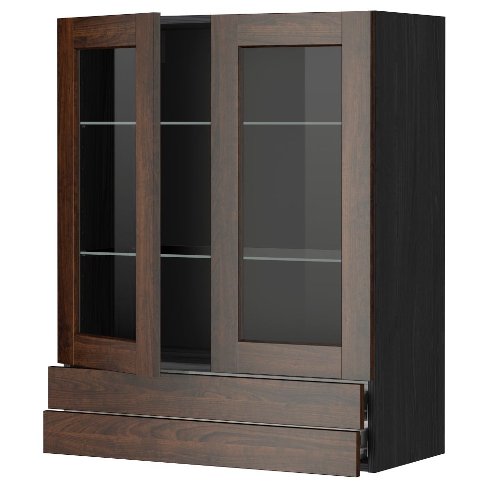 Навесной шкаф, 2 стеклянные дверцы, 2 ящика МЕТОД / ФОРВАРА, черный, Эдсерум коричневый - фото 1